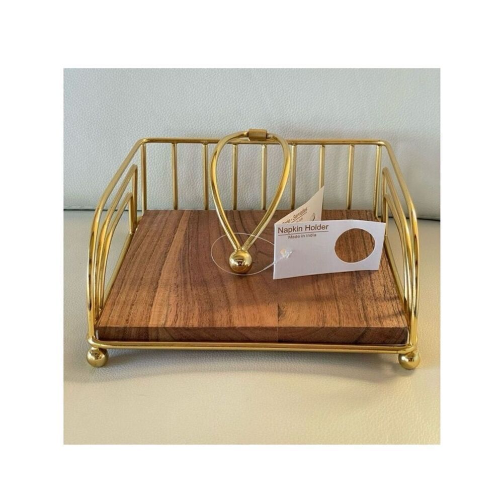 NWT Gorgeous Modern Gold Metal with   Rustic Wood Base Napkins Holder Minimalis